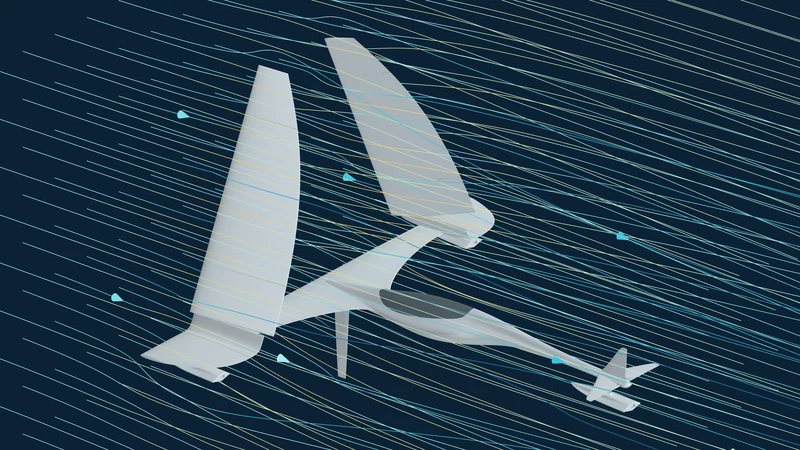 Vue trois quarts arrière du concept, avec des lignes d’écoulement issues d’un calcul CFD exploratoire à Reynolds réduit